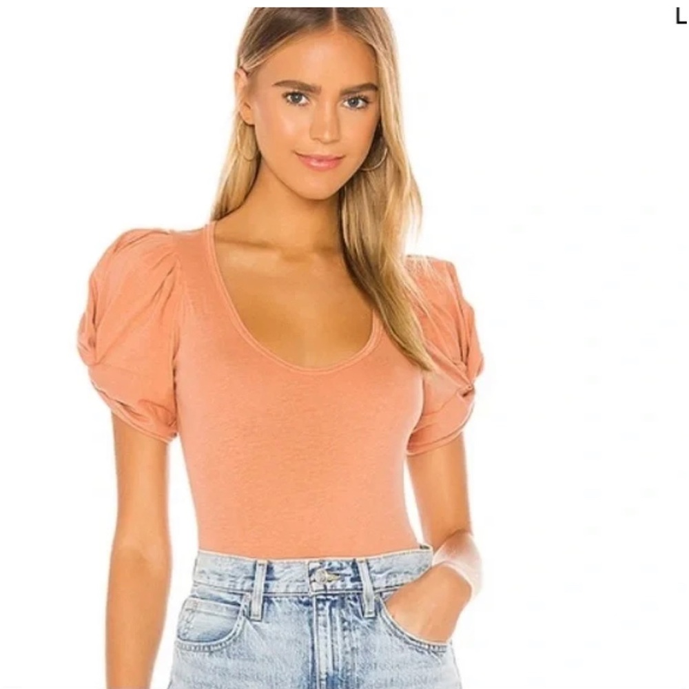 Free People Ava Puff Sleeve Bodysuit in Pink Cinnamon
